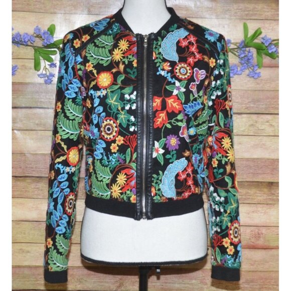 Dolce Cabo FRIDA Floral Embroidered Bomber Jacket Size S Full Zip Boho Colorful - Picture 3 of 12